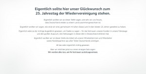 Dieses Statement veröffentlichte VW zum 25. Jahrestag der deutschen Einheit auf seiner Seite. Bildquelle: Volkswagen.de