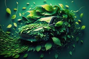 Ein symbolisches Bild eines Autos mit Blättern für Fahrzeuge mit alternativen Kraftstoffen.
