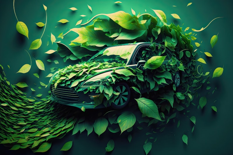 Ein symbolisches Bild eines Autos mit Blättern für Fahrzeuge mit alternativen Kraftstoffen.